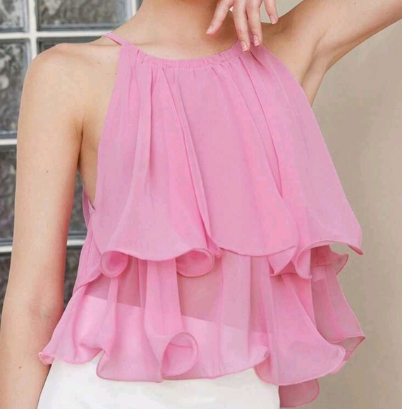 Tops - Elegant Vintage Embroidered Ruffled Hem Layered Cascade Frill Sheer Chiffon